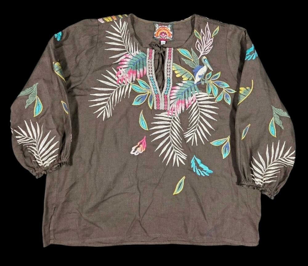 Johnny Was Kaluhi Top Floral Embroidered Brown Boho Resort Vacation Hippie Large